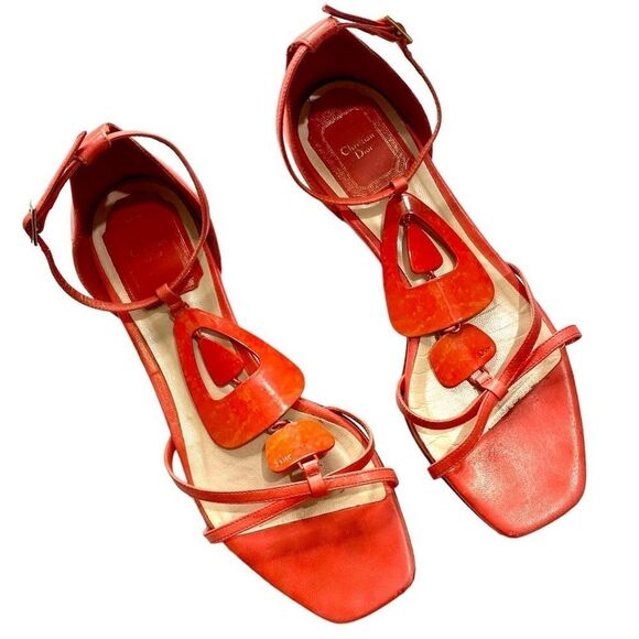 Christian Dior T-Strap Orange Coral Sandals SIZE 5 - Picture 1 of 10